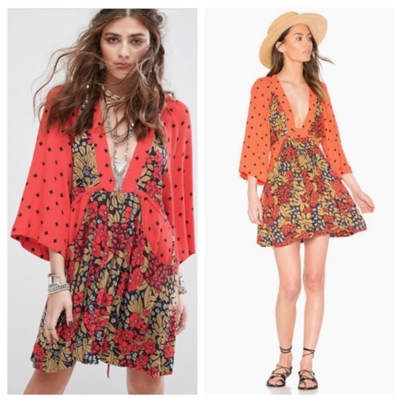 Free People Dresses & Skirts - Free People Orange Deep V Neck Tunic | Dress S